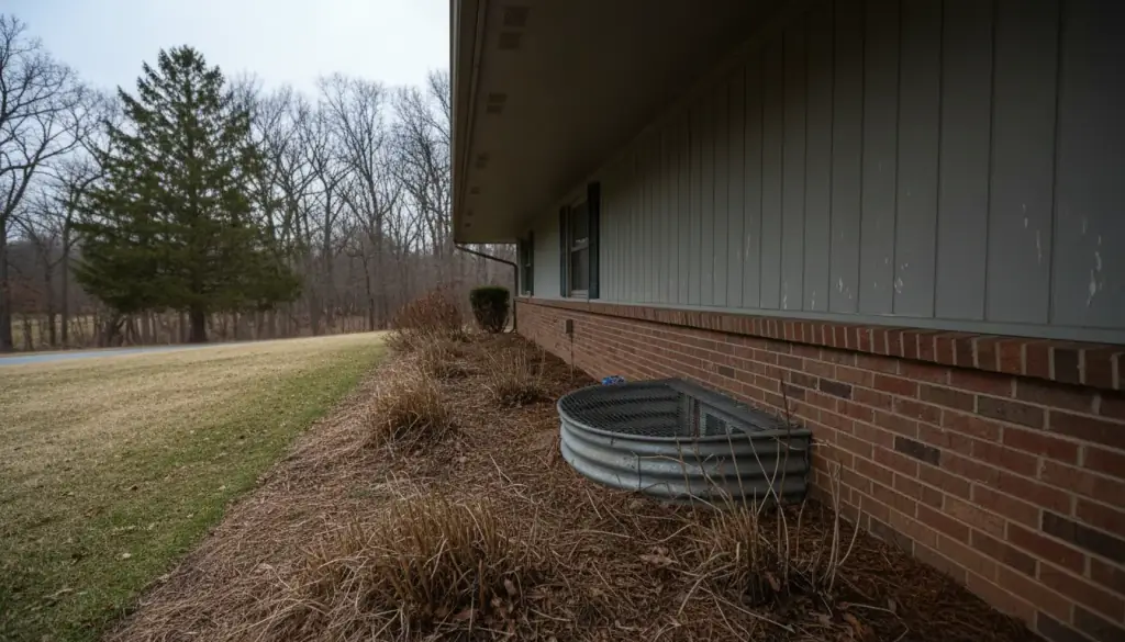 The foundation line of a brick home with a window well and a pine-straw shrub bed