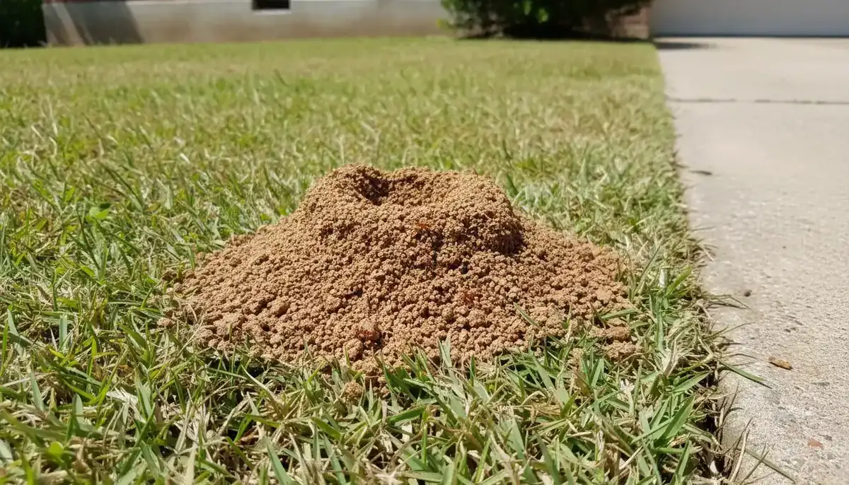 A fire ant mound rising from a lawn beside a driveway