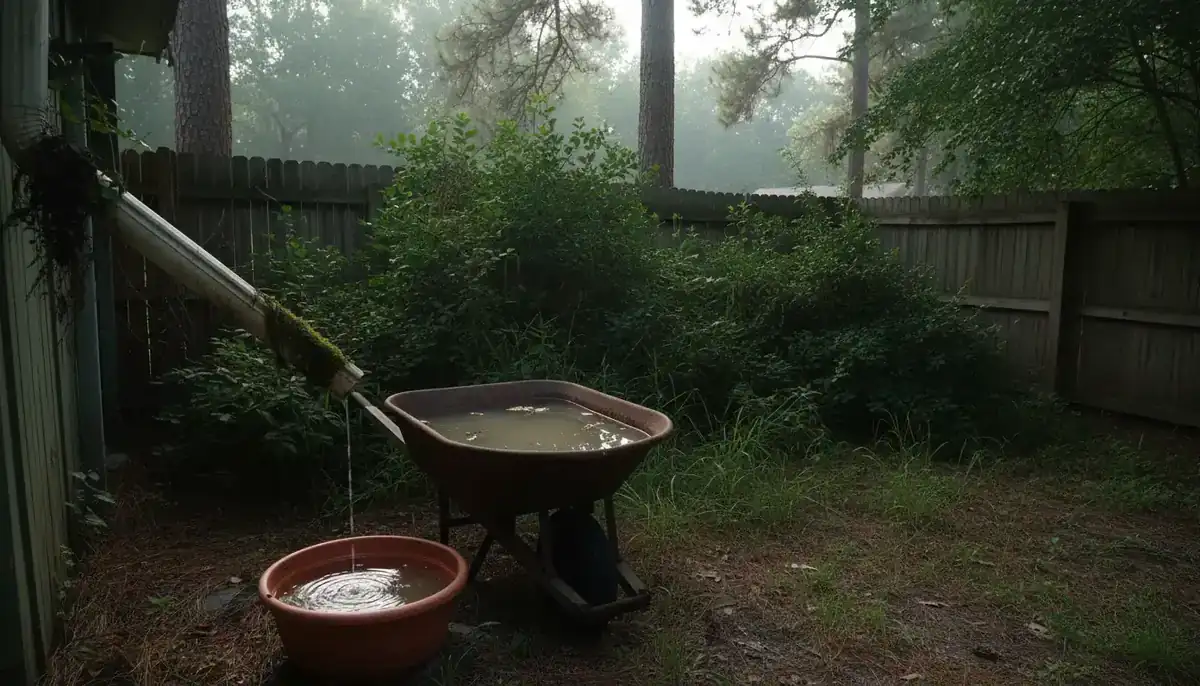 A shady Lindale yard with standing water collecting in a plant saucer and a wheelbarrow