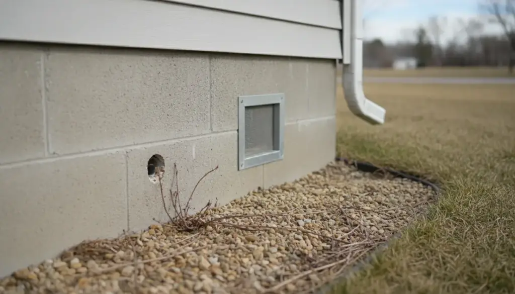 A gap around a utility line and a vent screen where a block foundation meets the ground
