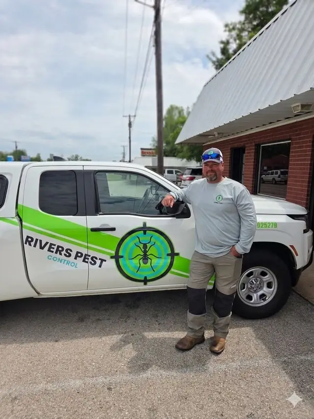 A Rivers technician leaning on the company Nissan outside the office