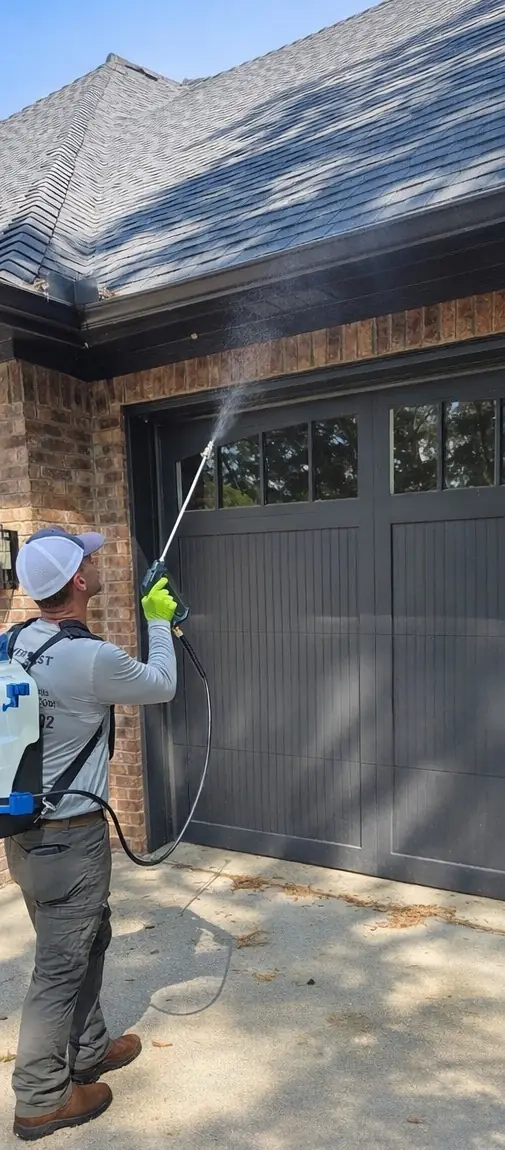 A Rivers technician with a backpack sprayer misting the eaves over a charcoal garage door